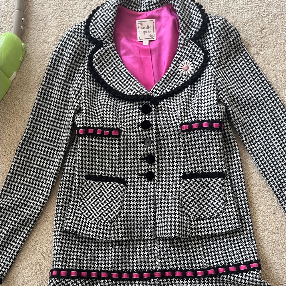 Nanette Lepore Black and White Houndstooth Jacket & Skirt with Pink Lining
